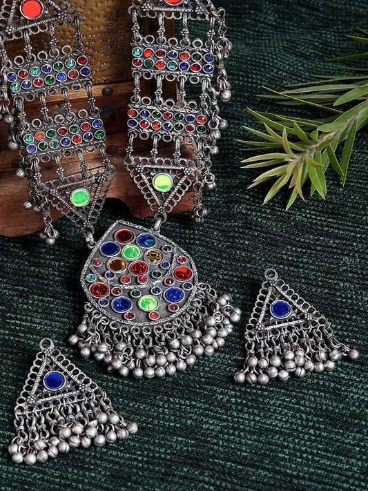 Oxidised Silver-Plated Red & Green Mirrors & Ghungroo Studded Antique Jewellery Set