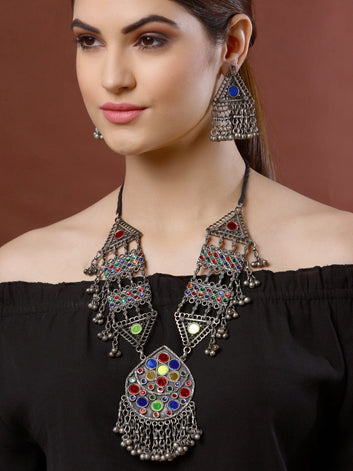 Oxidised Silver-Plated Red & Green Mirrors & Ghungroo Studded Antique Jewellery Set