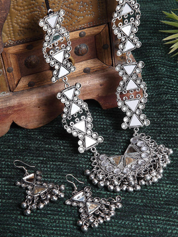 Silver Toned Mirrors & Ghungroo Studded Oxidised Silver Plated Jewellery Set