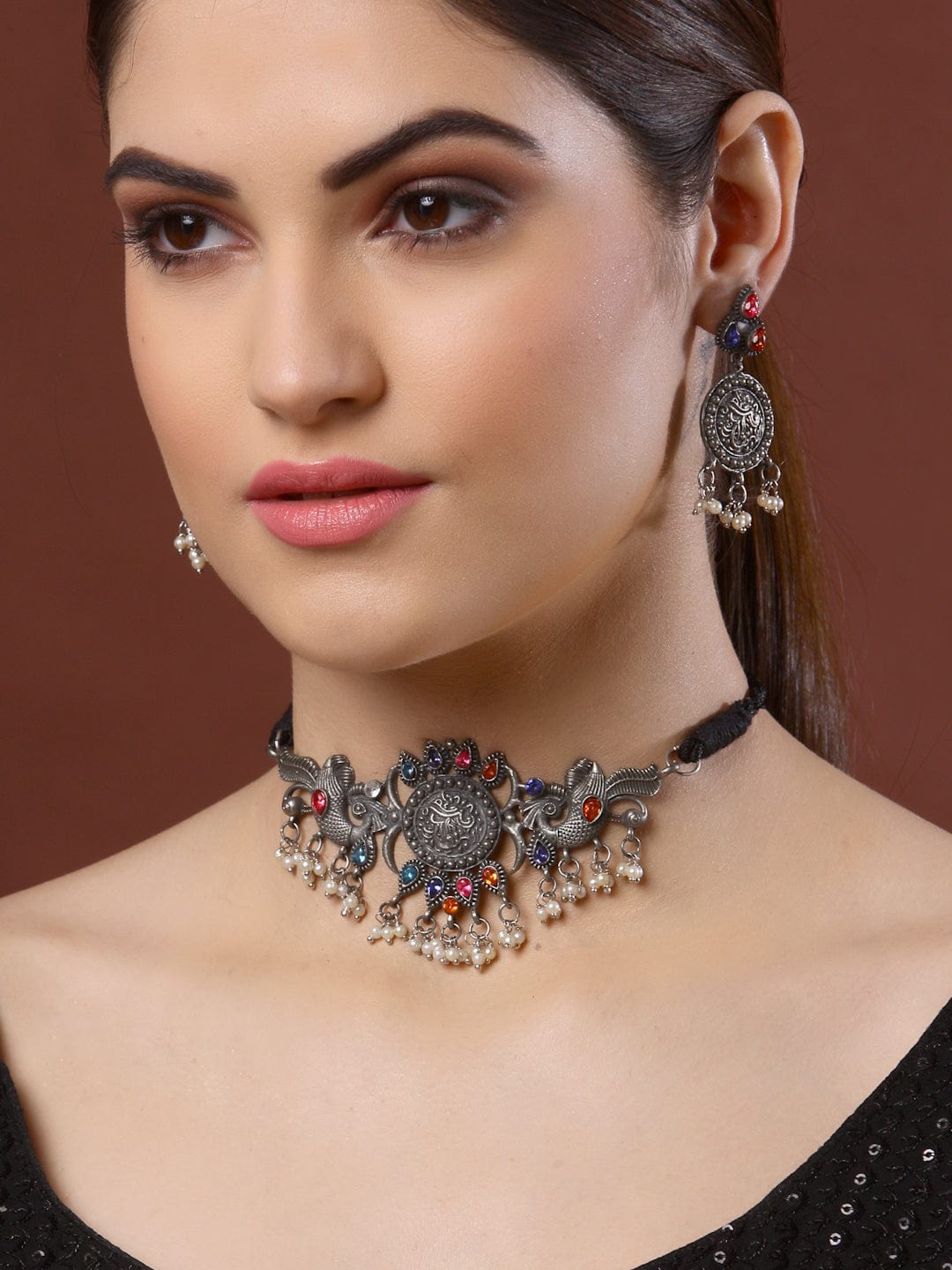 Women Silver-Plated Stones & Pearls Studded Temple Jewellery Set