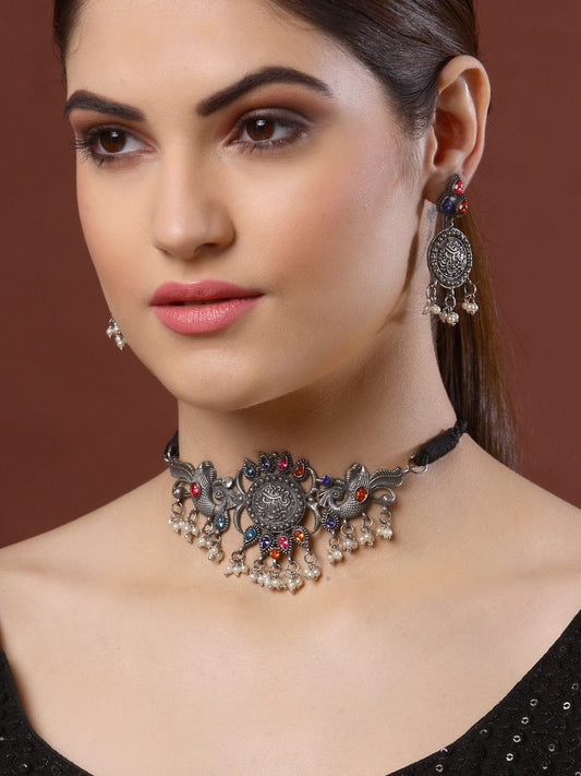 Women Silver-Plated Stones & Pearls Studded Temple Jewellery Set