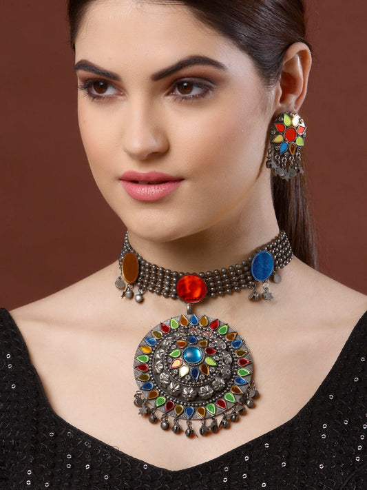 Oxidised Silver-Plated & Orange Mirror-Studded Afghani Jewellery Set