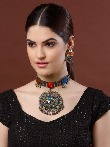 Oxidised Silver-Plated & Orange Mirror-Studded Afghani Jewellery Set