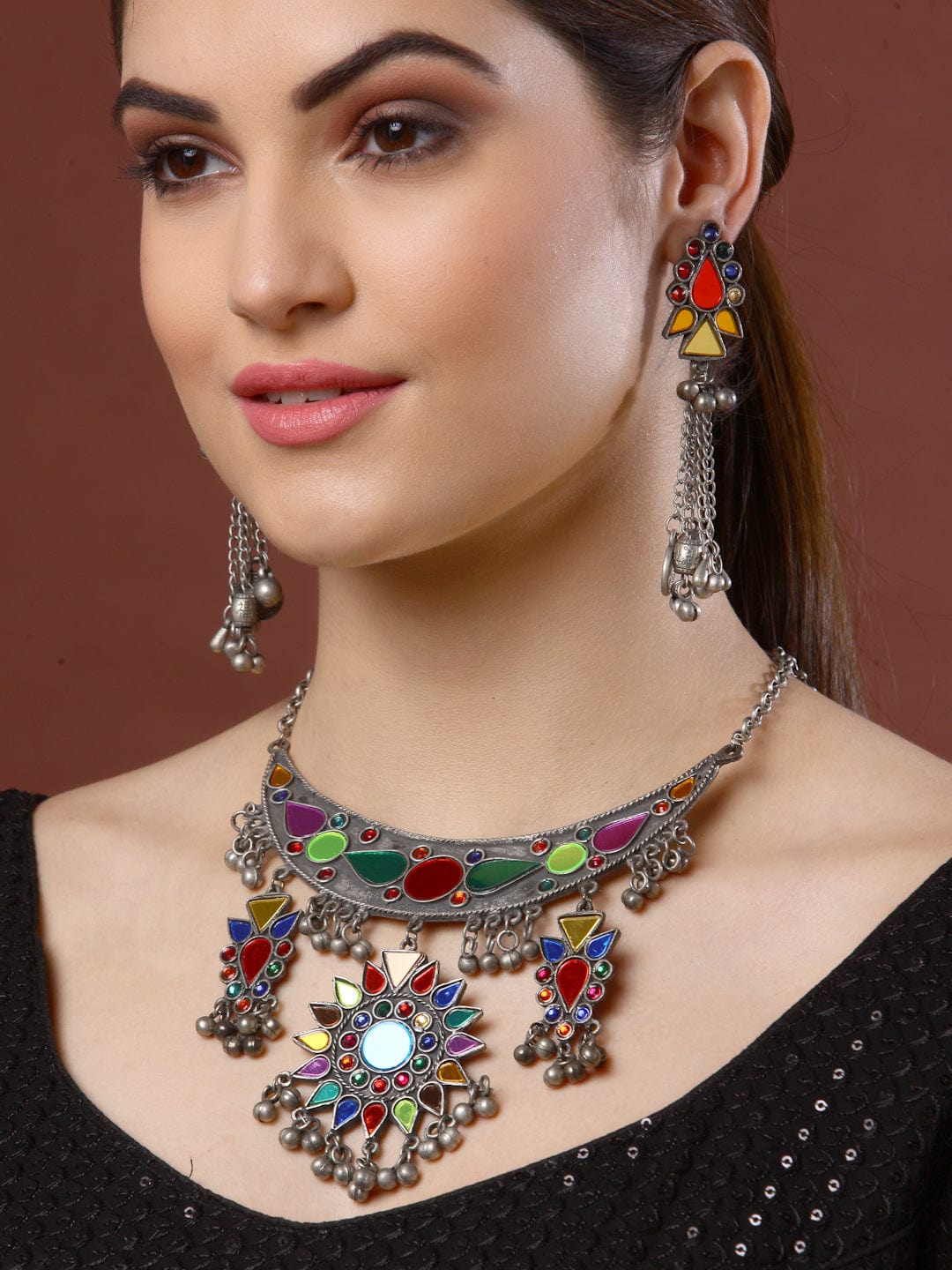 Silver-Plated Oxidised & Crystal Studded Afghan Design Jewellery Set