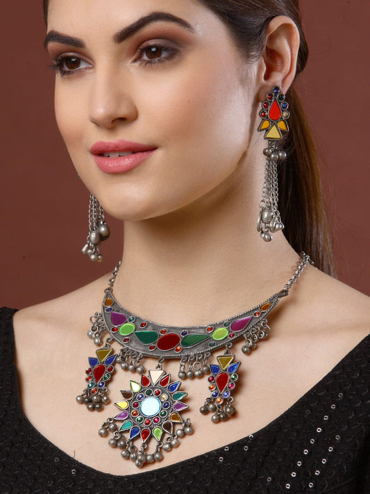 Silver-Plated Oxidised & Crystal Studded Afghan Design Jewellery Set