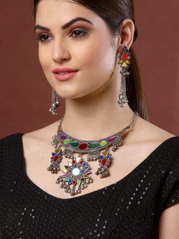 Silver-Plated Oxidised & Crystal Studded Afghan Design Jewellery Set