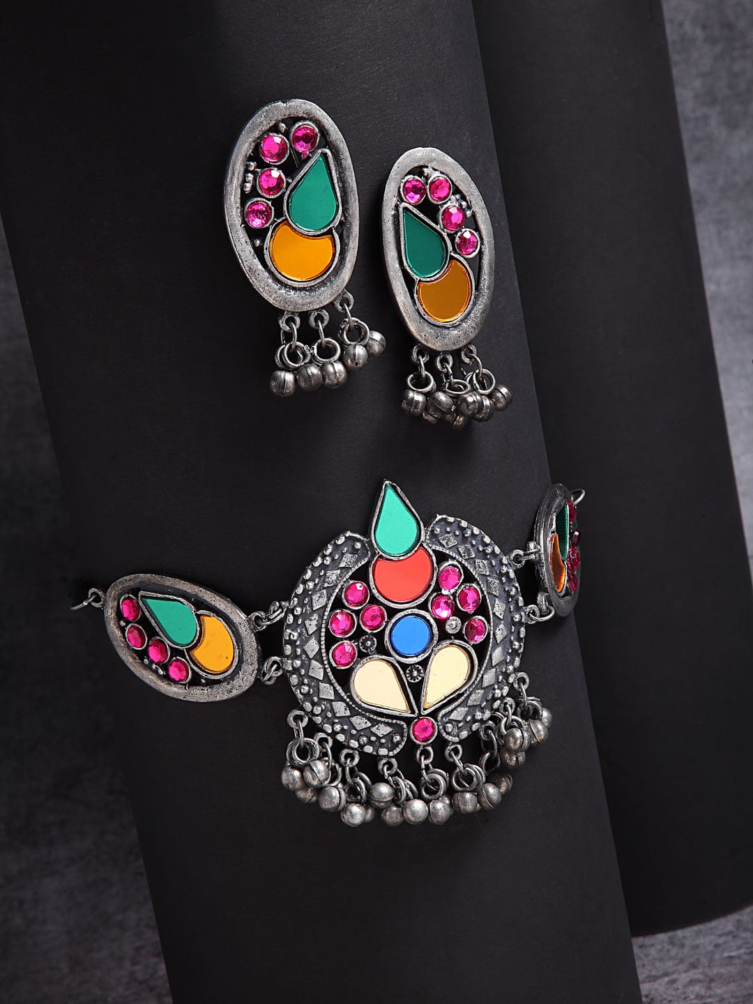 Oxidized Silver-Plated Crystal-Studded & Beaded Jewellery Set