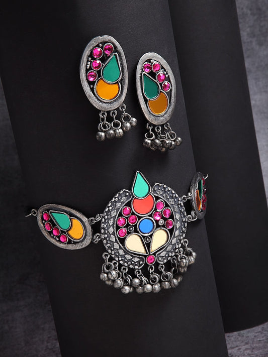 Oxidized Silver-Plated Crystal-Studded & Beaded Jewellery Set
