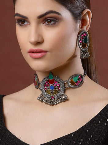 Oxidized Silver-Plated Crystal-Studded & Beaded Jewellery Set