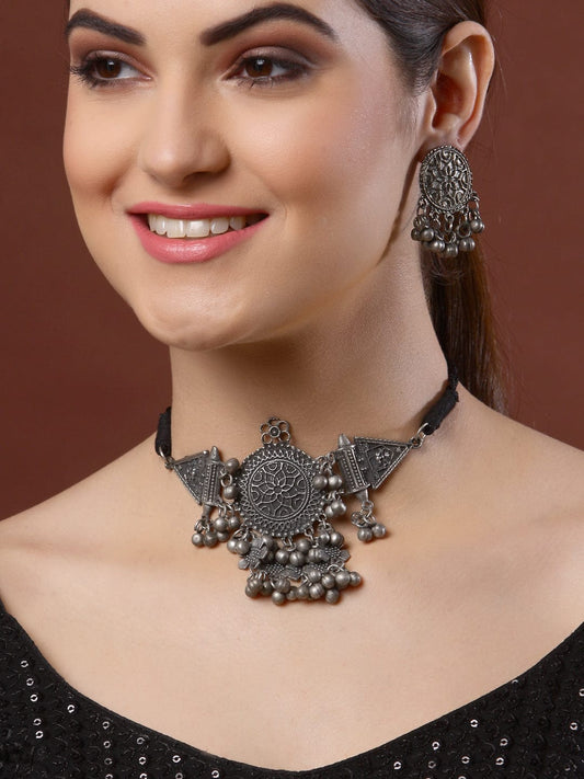 Silver-Plated Ghungroo-Studded Tribal Tasselled Jewellery Set