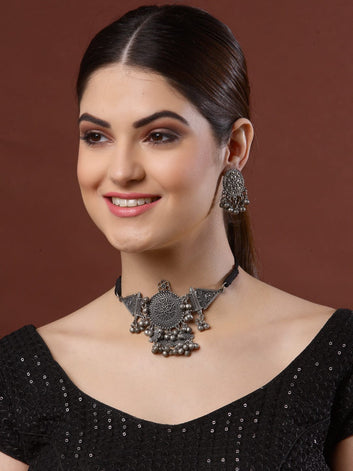 Silver-Plated Ghungroo-Studded Tribal Tasselled Jewellery Set