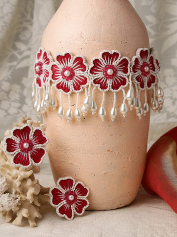 Silver-Plated Pink & Off White Pearls-Studded Floral Jewellery Set