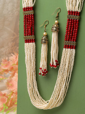Oxidised Gold-Plated Red & Off White Beads Studded Tasselled Jewellery Set