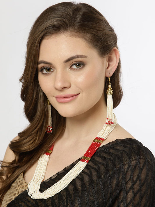 Oxidised Gold-Plated Red & Off White Beads Studded Tasselled Jewellery Set