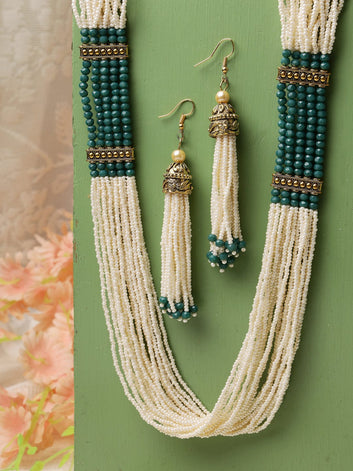 Gold-Plated Sea green & White Onyx Studded Jewellery Set