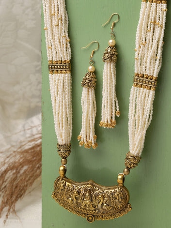 Oxidised Gold-Plated White Beaded Jewellery Set