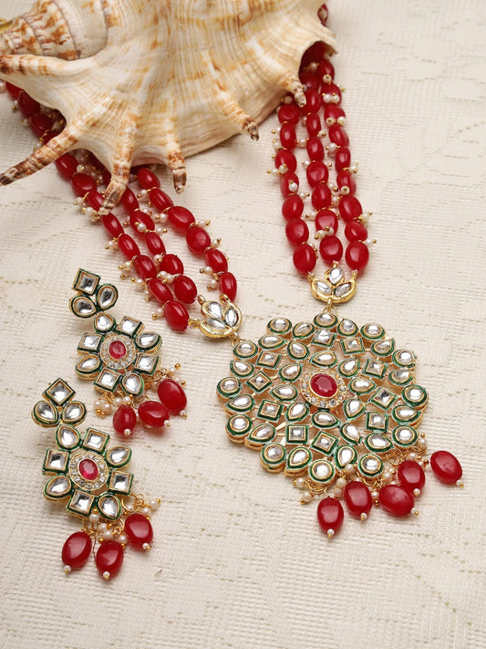 Gold-Plated Gold-Colored Beaded Kundan & Pearls Jewellery Set
