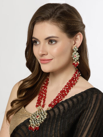 Gold-Plated Gold-Colored Beaded Kundan & Pearls Jewellery Set