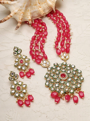 Gold-Plated Pink & White Kundan Studded & Beaded Jewellery Set