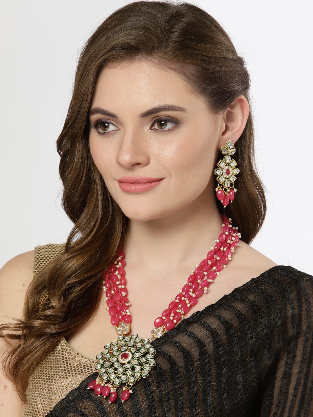 Gold-Plated Pink & White Kundan Studded & Beaded Jewellery Set