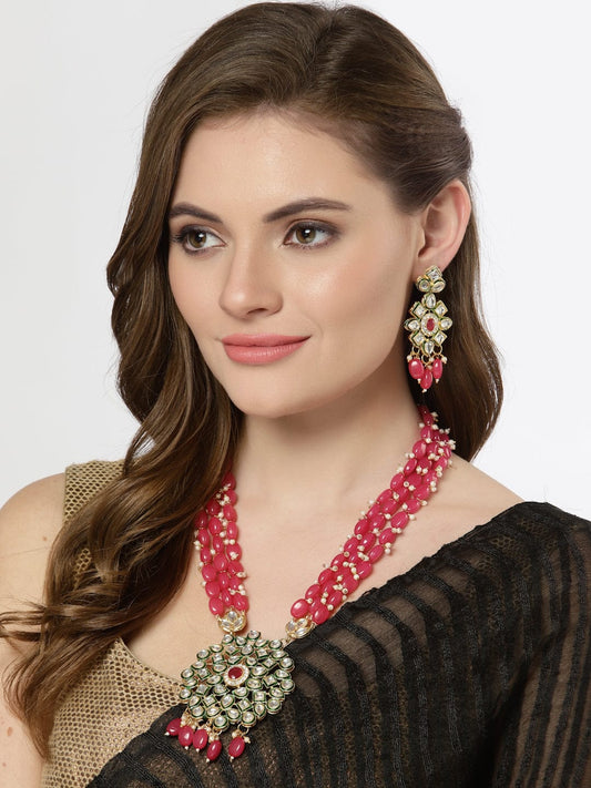 Gold-Plated Pink & White Kundan Studded & Beaded Jewellery Set