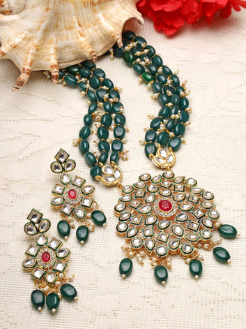 Gold-Plated Green Beads Kundan & Pearls Studded Antique Jewellery Set