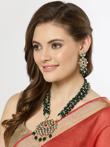 Gold-Plated Green Beads Kundan & Pearls Studded Antique Jewellery Set