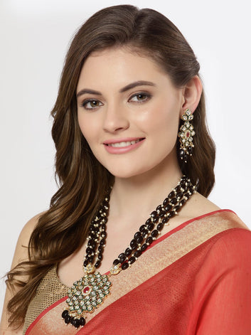 Gold-Plated White & Black Kundan-Studded & Pearl Beaded Jewellery Set