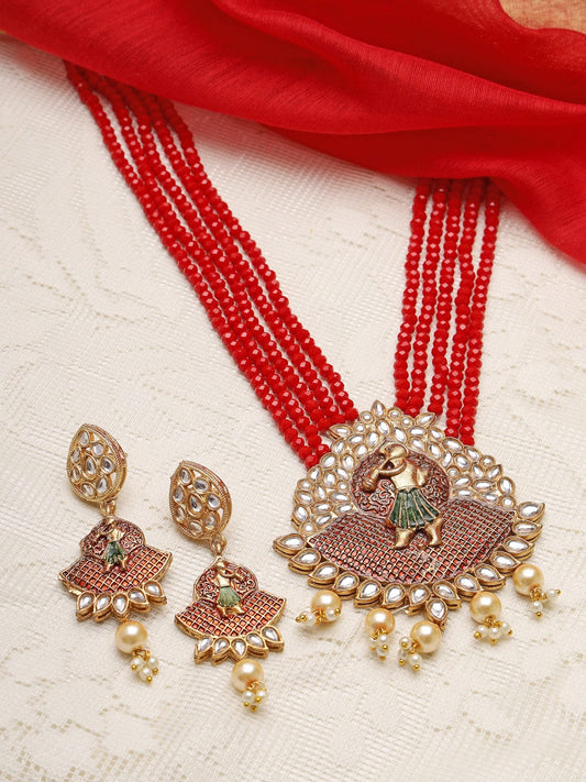 Gold-Plated Red Kundan & Pearls Studded Tassel Meenakari Jewellery Set