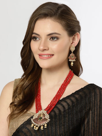 Gold-Plated Red Kundan & Pearls Studded Tassel Meenakari Jewellery Set