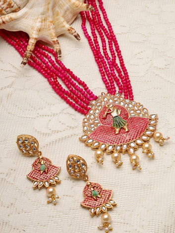 Gold-Plated & Pink Kundan Studded Jewellery Set