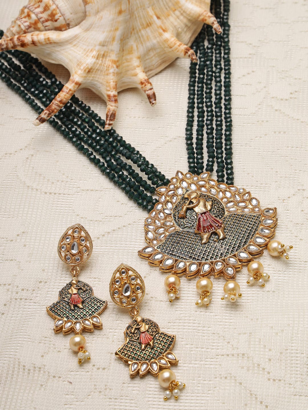 Gold-Plated Green & Kundan Stone-Studded Pearl Beaded Jewellery Set