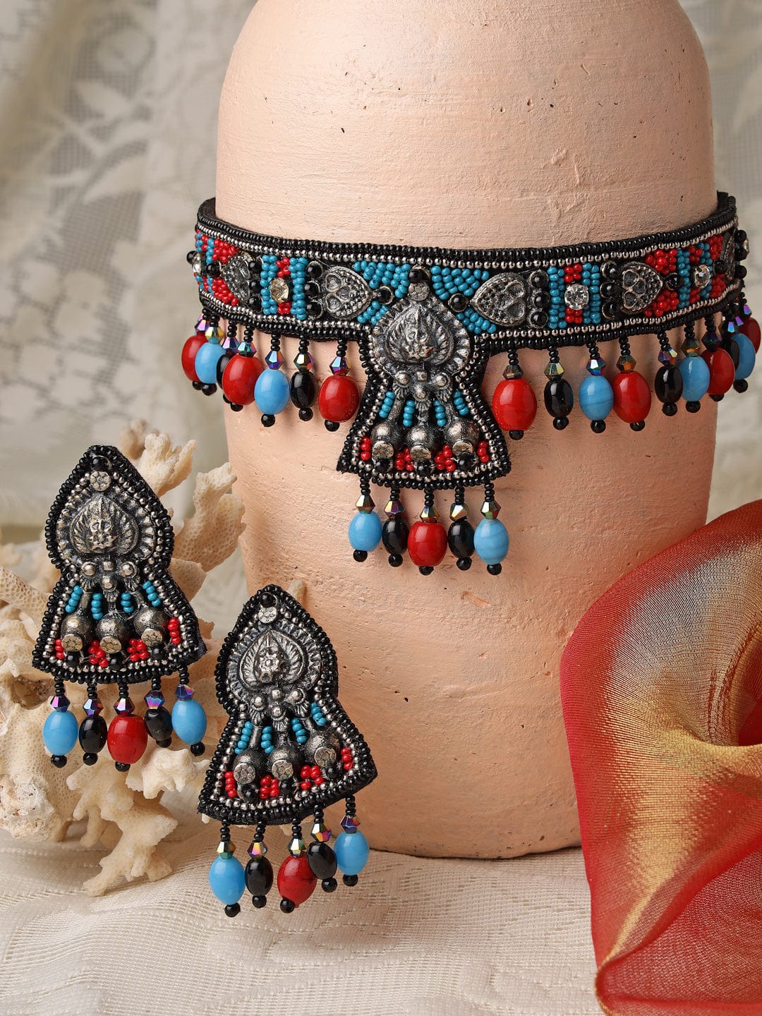 Silver-Plated Blue & Red Stone Studded & Beaded Jewellery Set