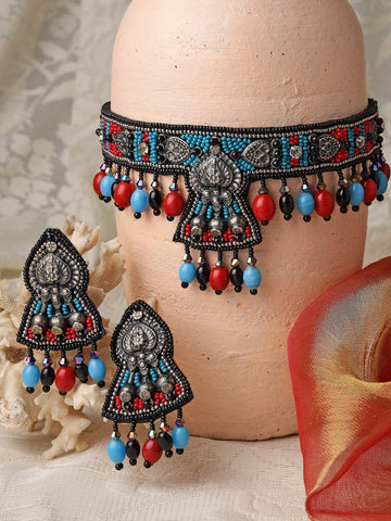 Silver-Plated Blue & Red Stone Studded & Beaded Jewellery Set