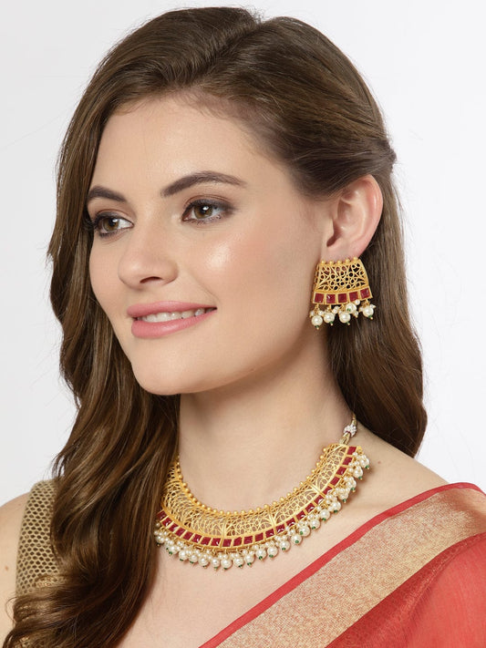 Gold-Plated White & Red Stone-Studded & Pearl Beaded Jewellery Set