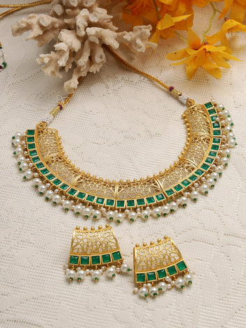 Gold-Plated Green Stone-Studded & Pearl Beaded Necklace Set