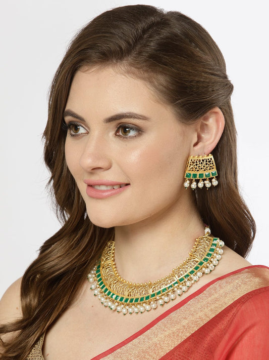 Gold-Plated Green Stone-Studded & Pearl Beaded Necklace Set