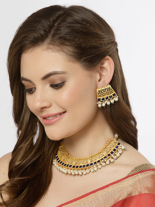 Gold-Plated Gold-Colored Stone-Studded & Pearl Jewellery Set