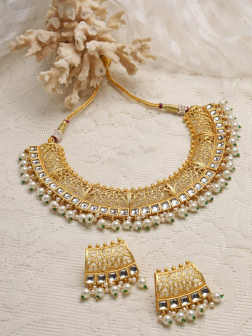 Gold-Plated Filigree Work Stones & Pearls Studded Jewellery Set