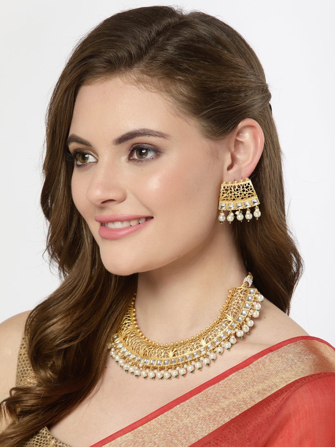 Gold-Plated Filigree Work Stones & Pearls Studded Jewellery Set