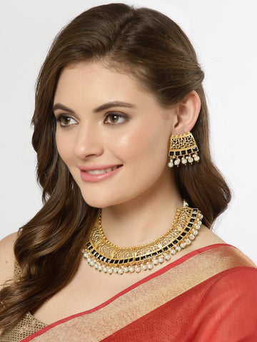 Gold-Plated Black H Studded Tassel Necklace Set