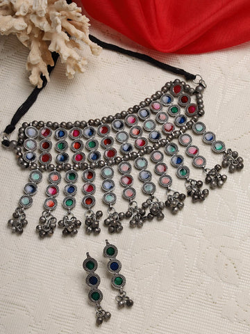 Silver-Plated Green Meenakari Work Tasselled Design Oxidised Necklace Set