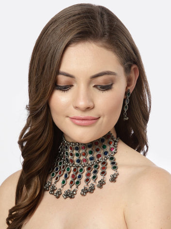 Silver-Plated Green Meenakari Work Tasselled Design Oxidised Necklace Set