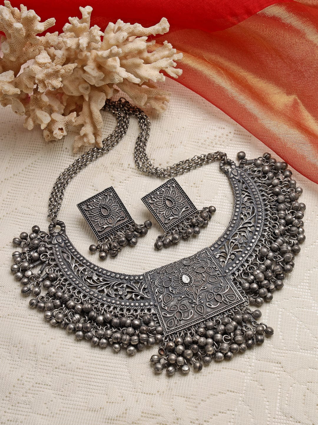 Silver-Plated Metallic Ghungroo Studded Oxidised Necklace Set