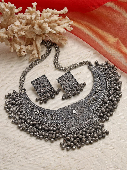Silver-Plated Metallic Ghungroo Studded Oxidised Necklace Set
