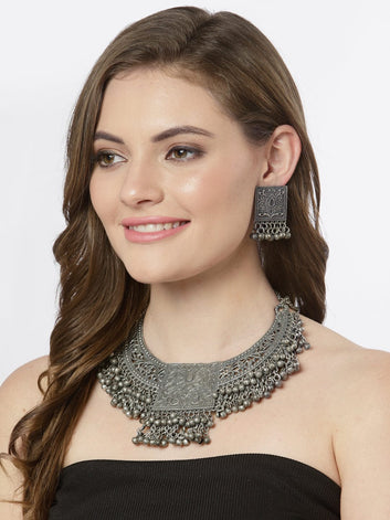 Silver-Plated Metallic Ghungroo Studded Oxidised Necklace Set