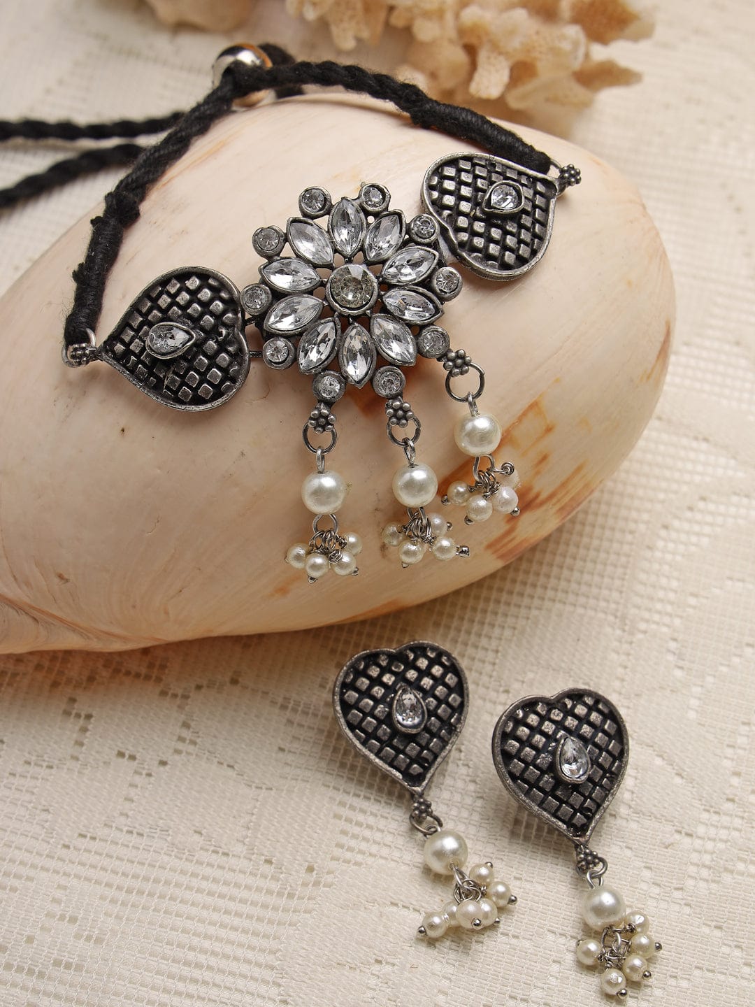 Silver-Plated White Crystal-Studded & Beaded Jewellery Set