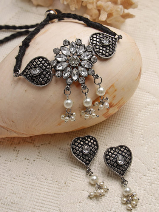 Silver-Plated White Crystal-Studded & Beaded Jewellery Set