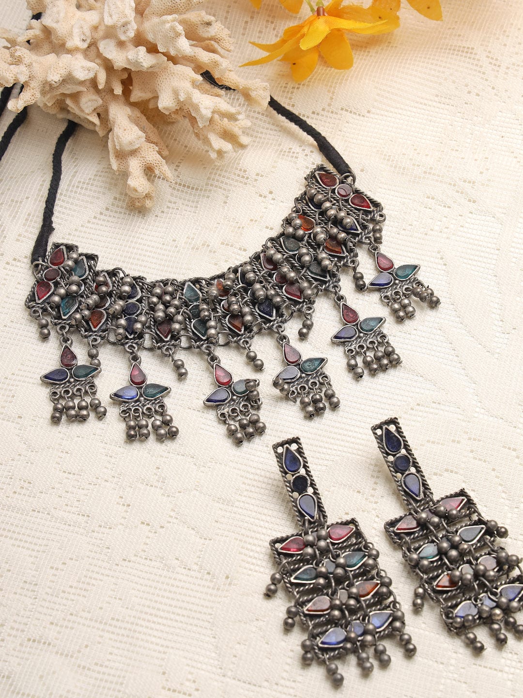 Silver-Plated Stone -Studded & Beaded Oxidised Jewellery Set