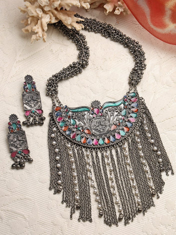 Silver-Plated Green Tasselled Design Oxidised Necklace Set